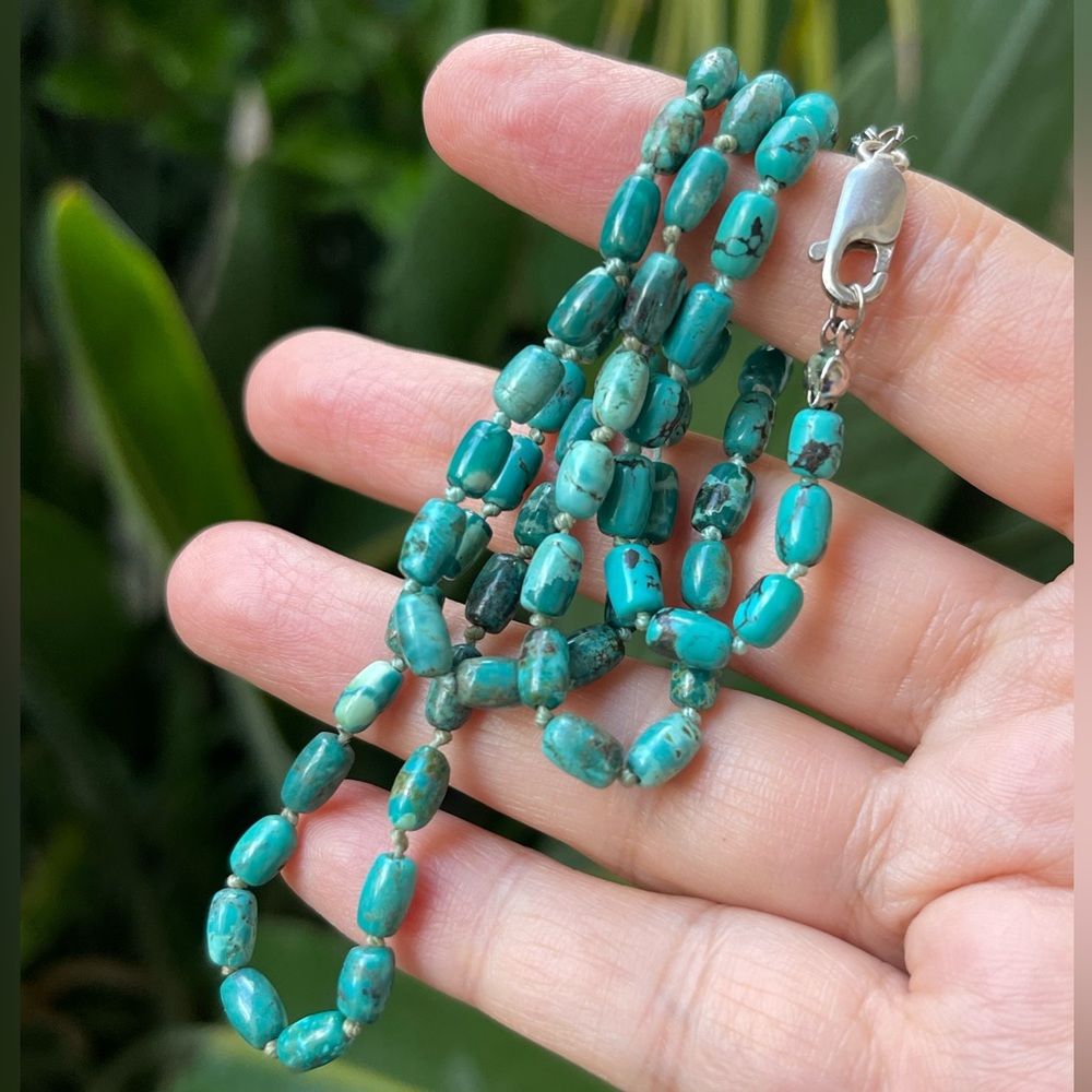 Natural Hubei barrel shaped turquoise bead solid sterling silver long necklace